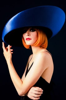 Asymmetric large hat in cobalt blue silk and black pinok pok